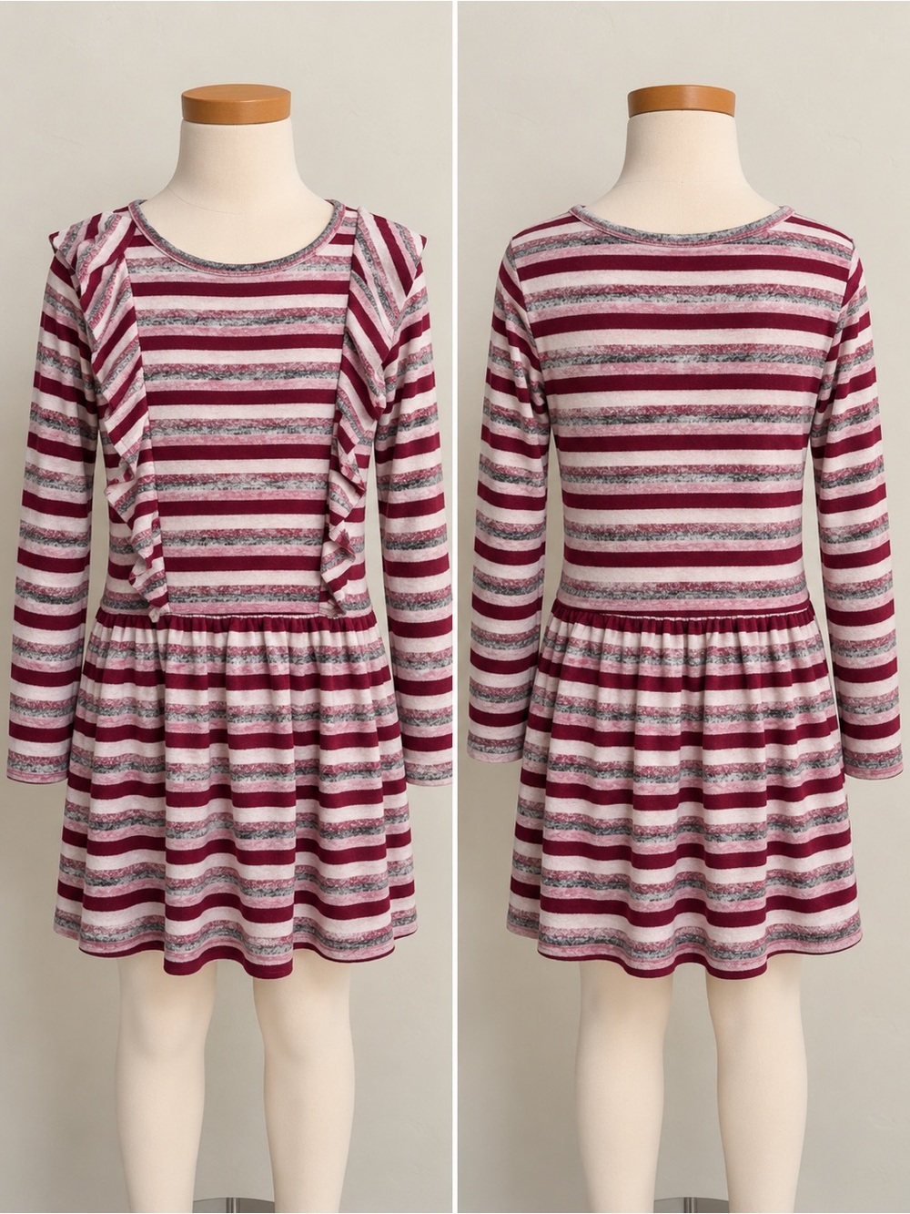 Gymboree Burgundy, Gray, and White Striped Ruffle Sleeve Dress
